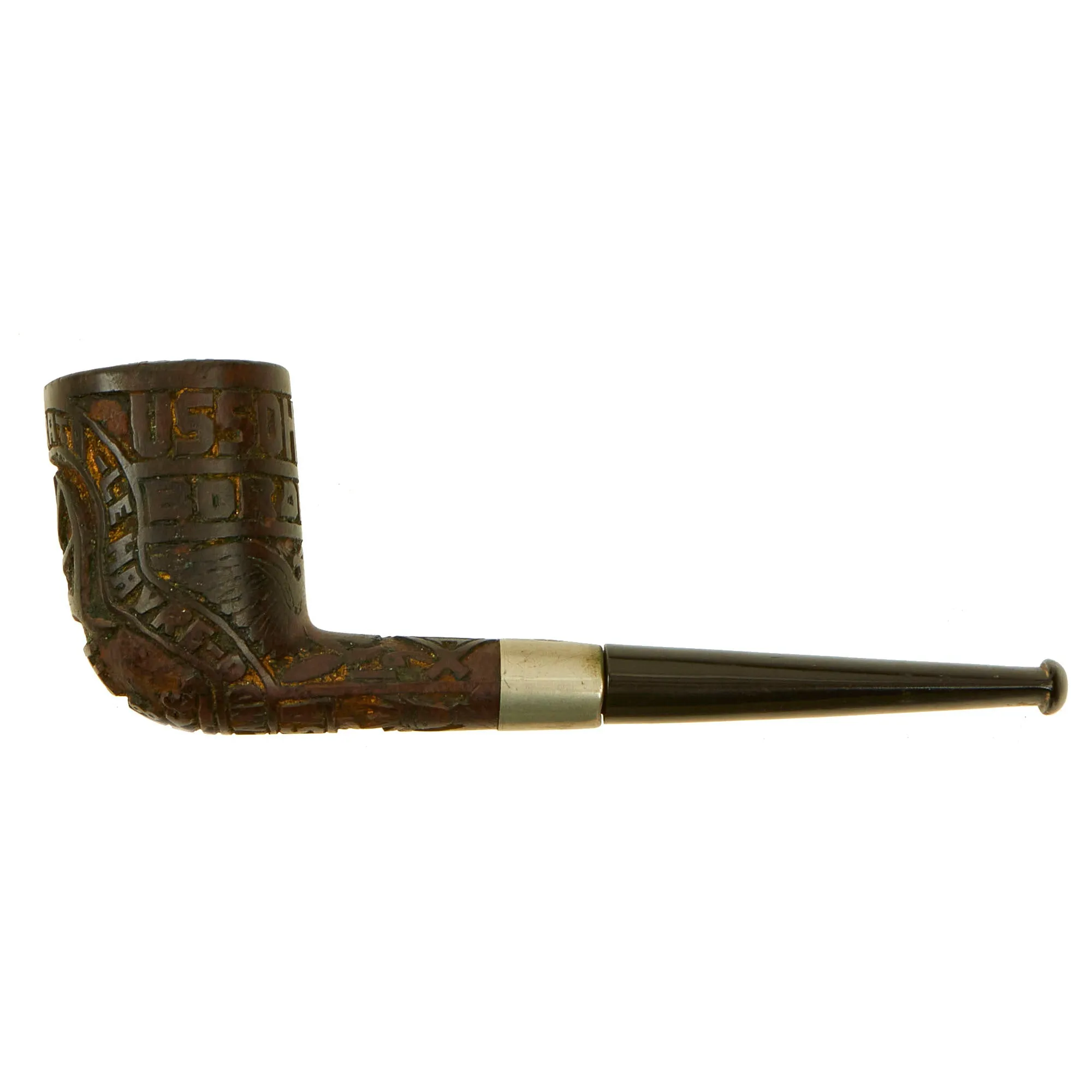 Original U.S. WWI U.S.S. Ohioan French Briar Carved Pipe by Colossus Pipe Factory With Patriotic Motifs and Leather Case