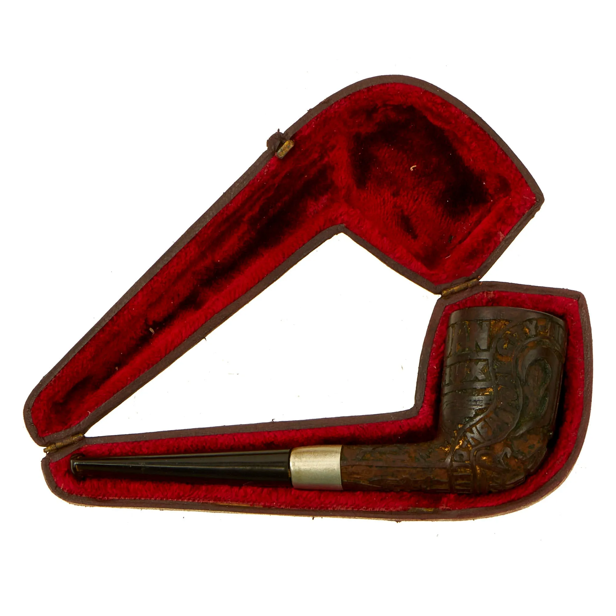 Original U.S. WWI U.S.S. Ohioan French Briar Carved Pipe by Colossus Pipe Factory With Patriotic Motifs and Leather Case