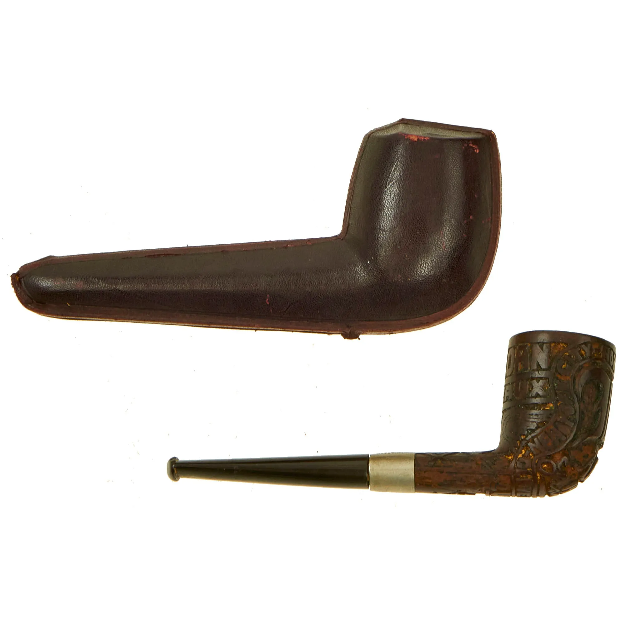 Original U.S. WWI U.S.S. Ohioan French Briar Carved Pipe by Colossus Pipe Factory With Patriotic Motifs and Leather Case