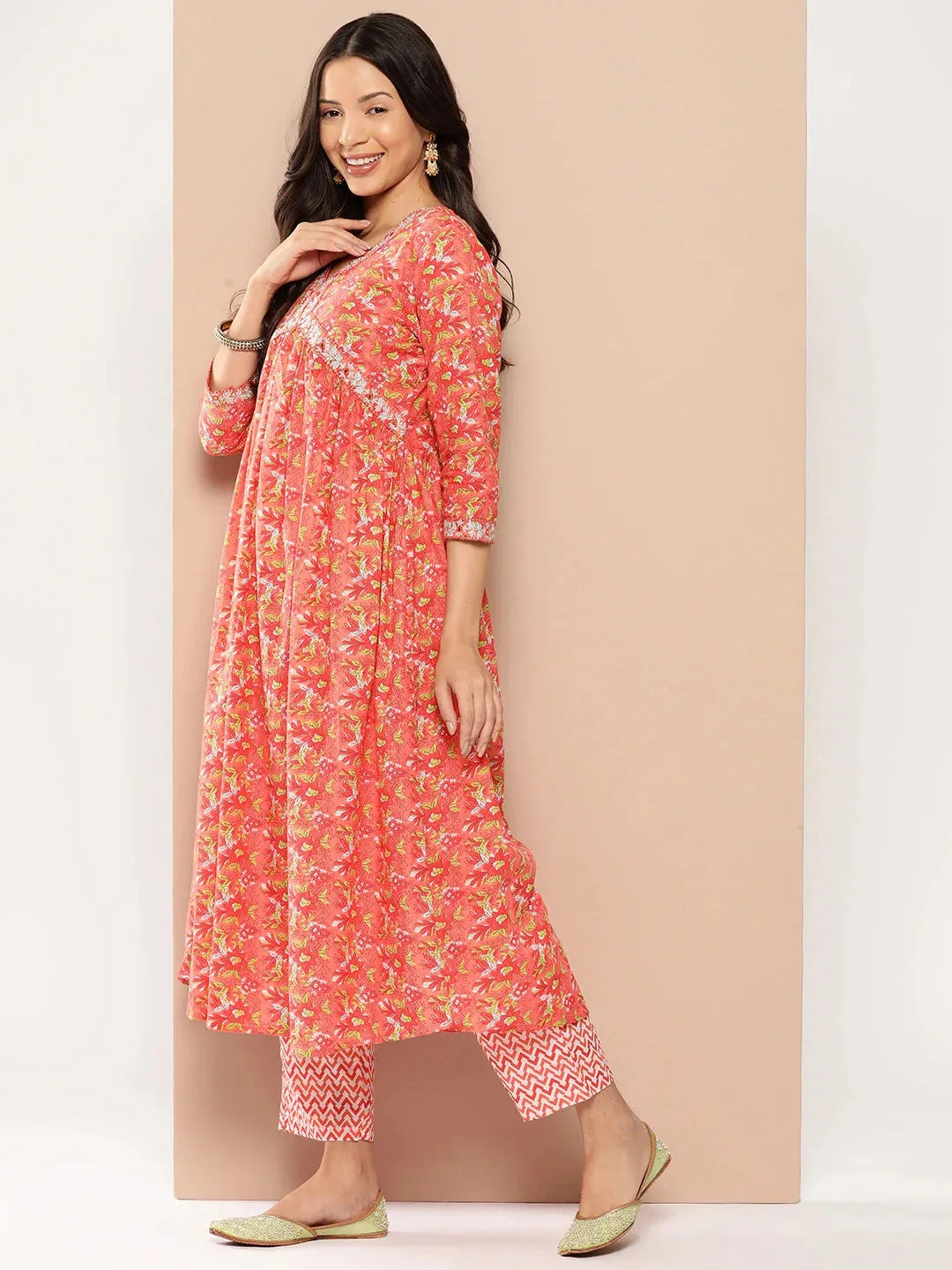 Peach Floral Print Thread Work Pure Cotton Alia-Cut Kurta With Trousers & With Dupatta Set