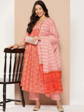 Peach Floral Print Thread Work Pure Cotton Alia-Cut Kurta With Trousers & With Dupatta Set