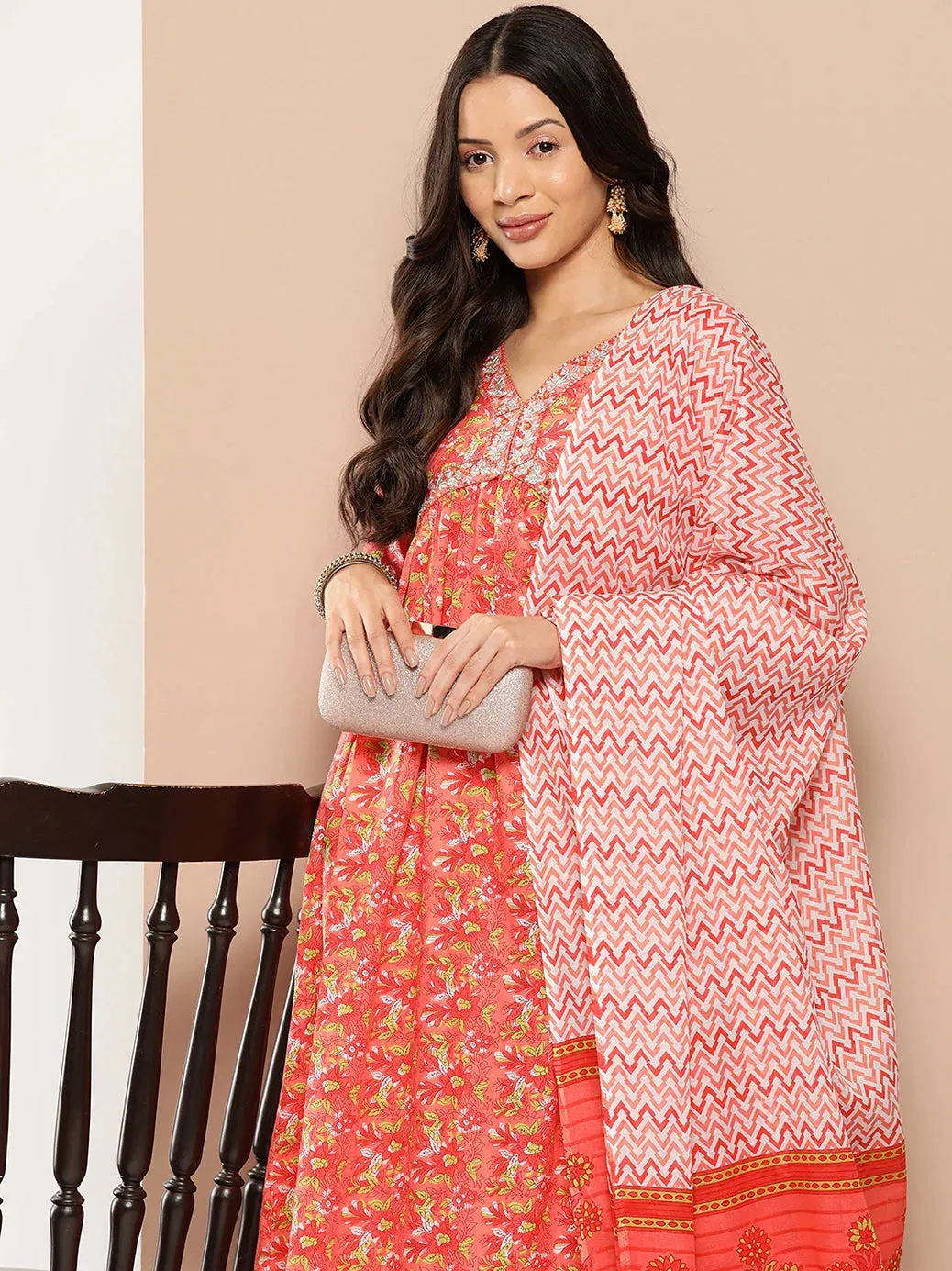 Peach Floral Print Thread Work Pure Cotton Alia-Cut Kurta With Trousers & With Dupatta Set