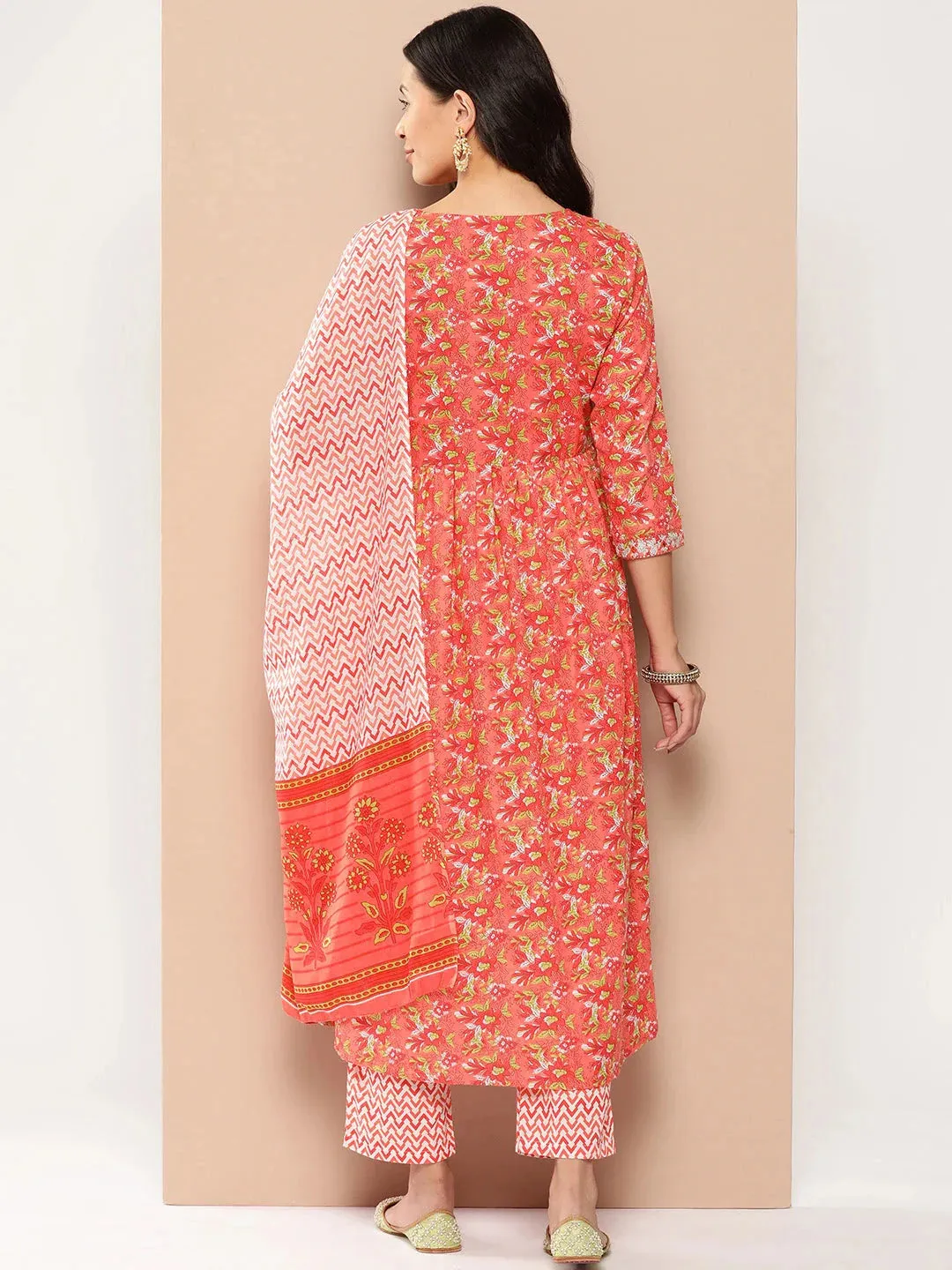 Peach Floral Print Thread Work Pure Cotton Alia-Cut Kurta With Trousers & With Dupatta Set