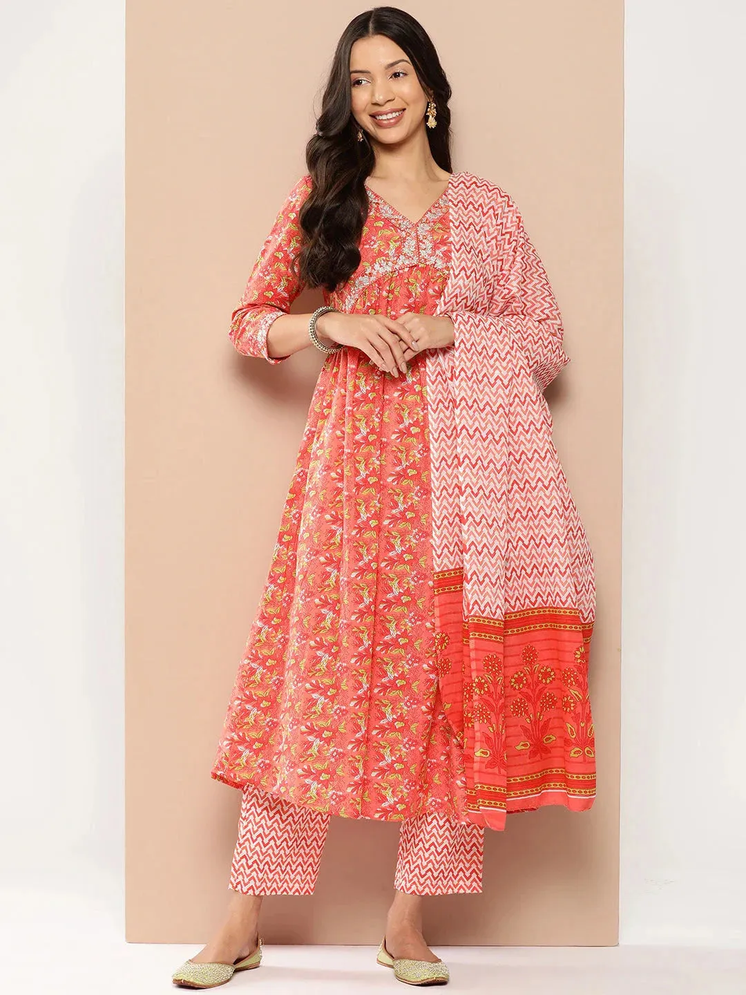 Peach Floral Print Thread Work Pure Cotton Alia-Cut Kurta With Trousers & With Dupatta Set