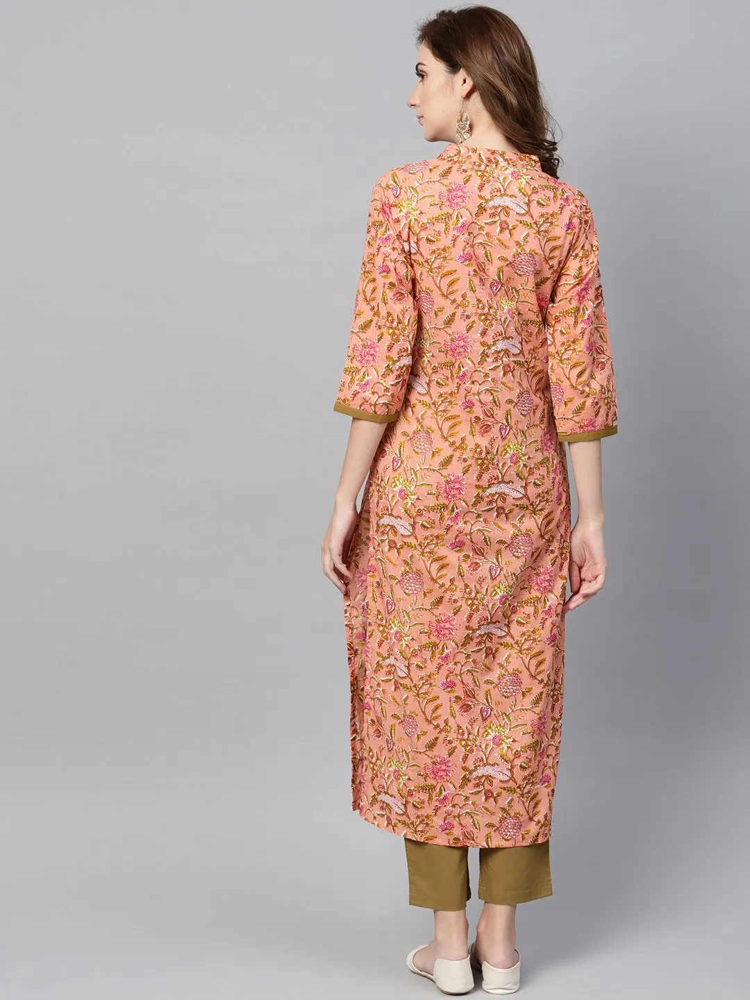 Peach Floral Printed Kurta With Solid Olive Green Pants