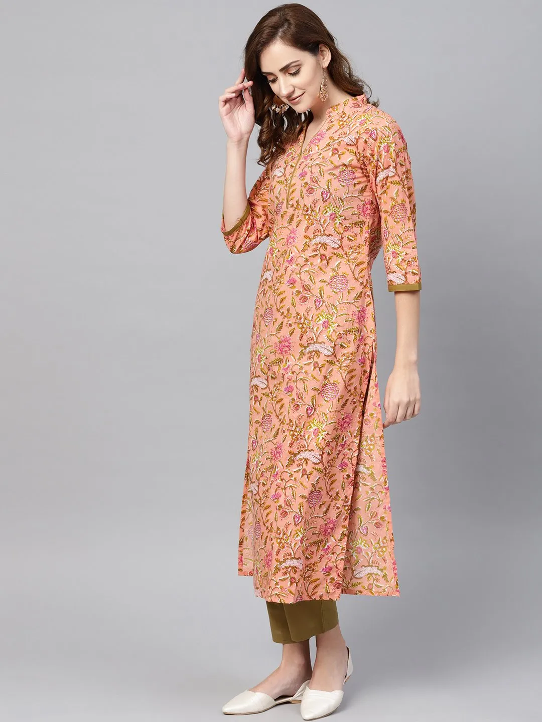 Peach Floral Printed Kurta With Solid Olive Green Pants