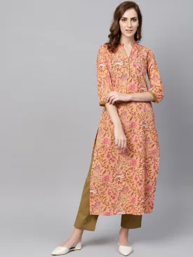 Peach Floral Printed Kurta With Solid Olive Green Pants