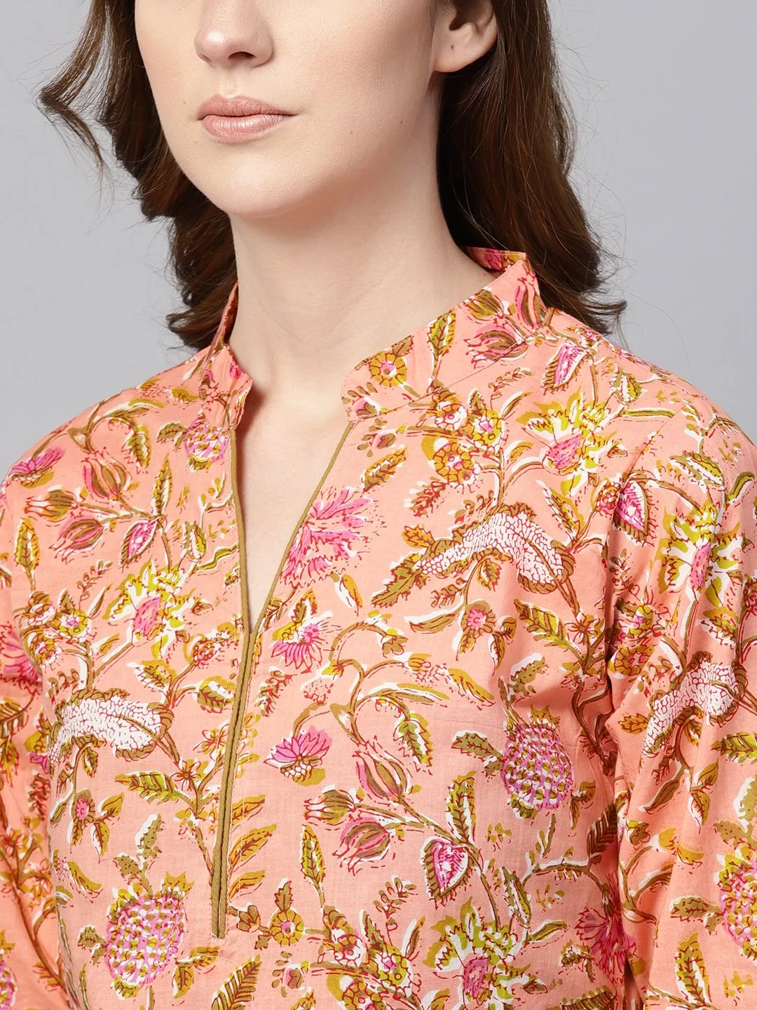 Peach Floral Printed Kurta With Solid Olive Green Pants