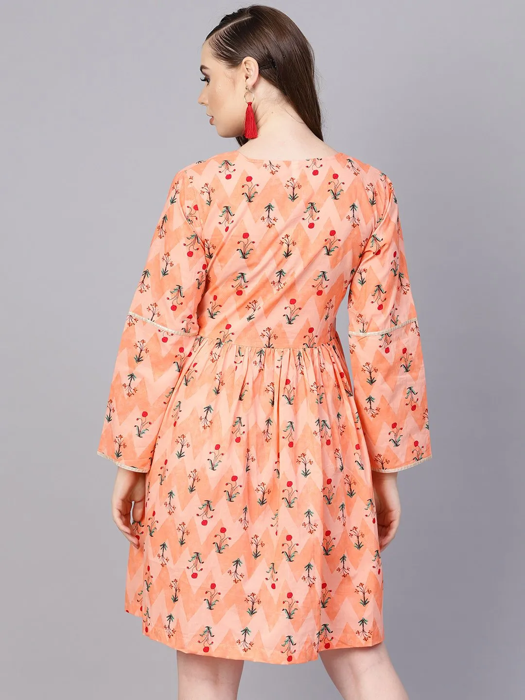 Peach Full Sleeve Cotton A-Line Dress