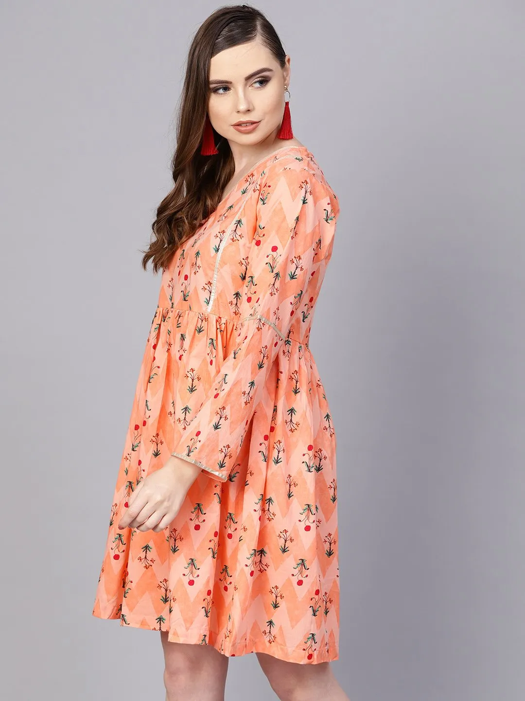 Peach Full Sleeve Cotton A-Line Dress