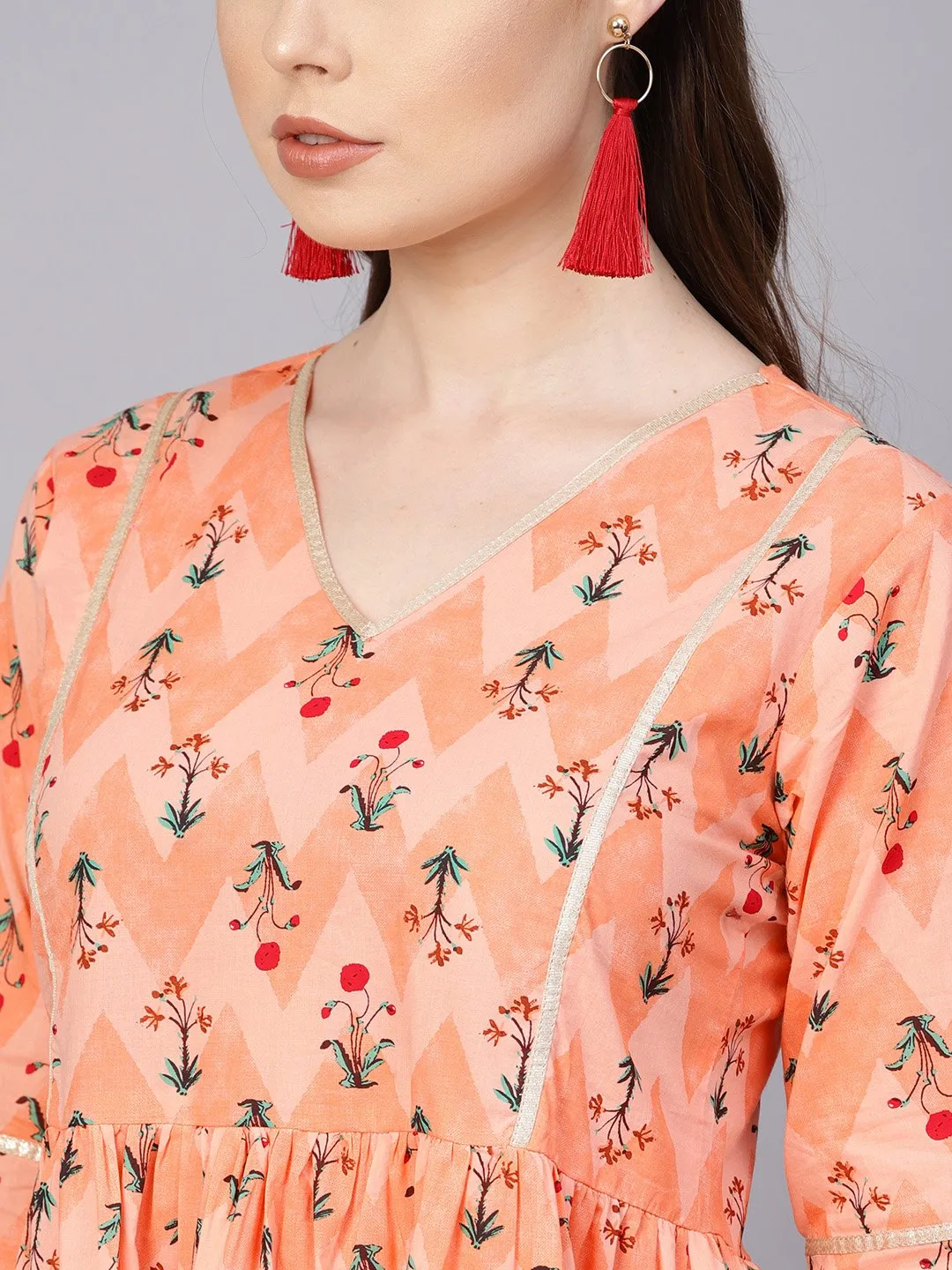 Peach Full Sleeve Cotton A-Line Dress