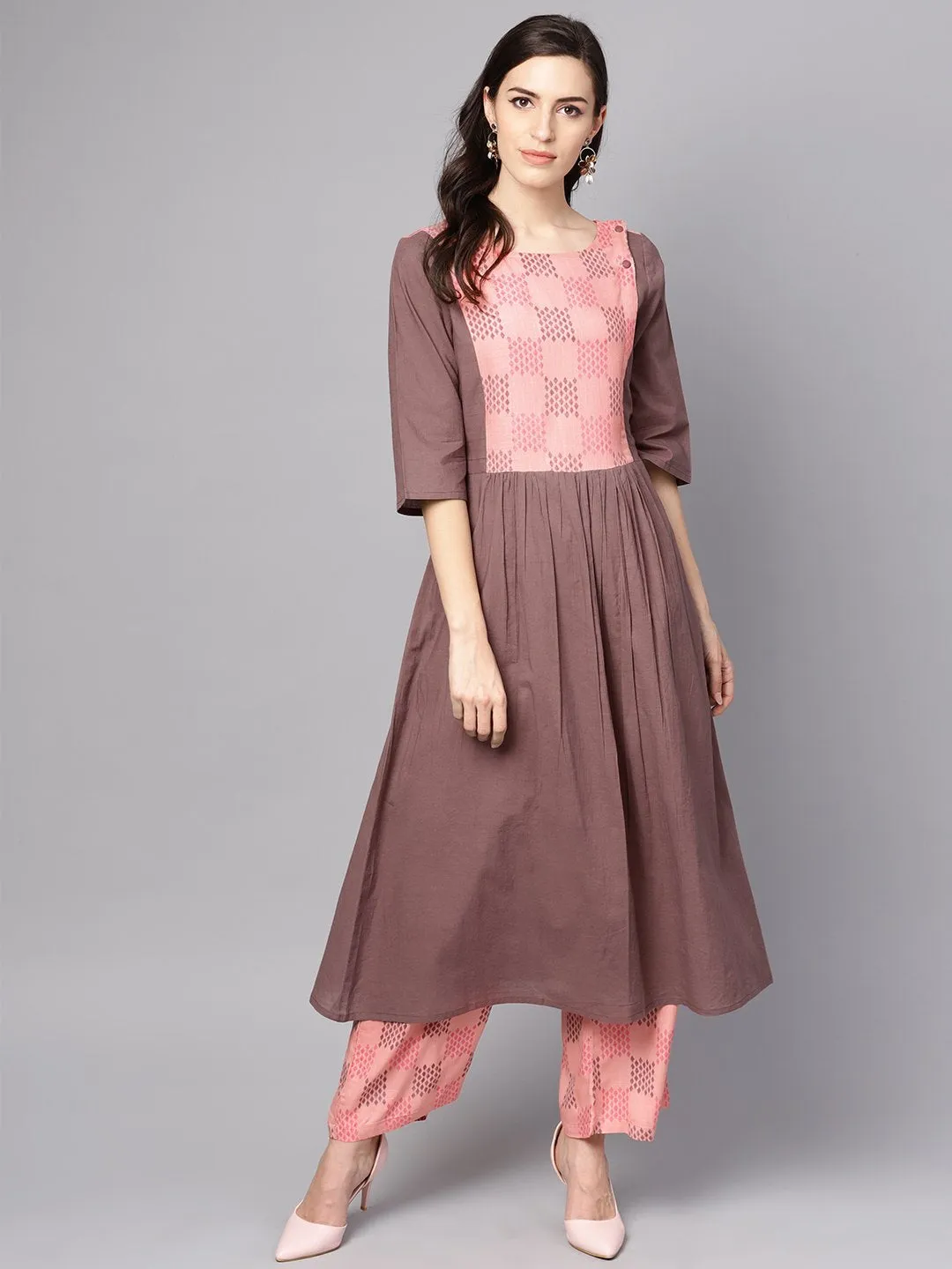 Pink & Brown A-Line Kurta Set With Pants