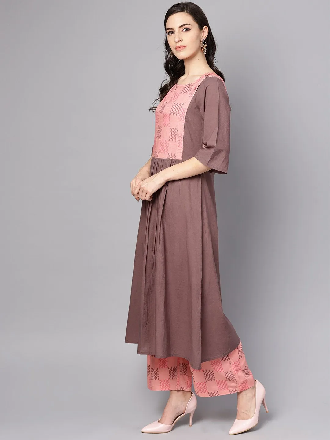 Pink & Brown A-Line Kurta Set With Pants