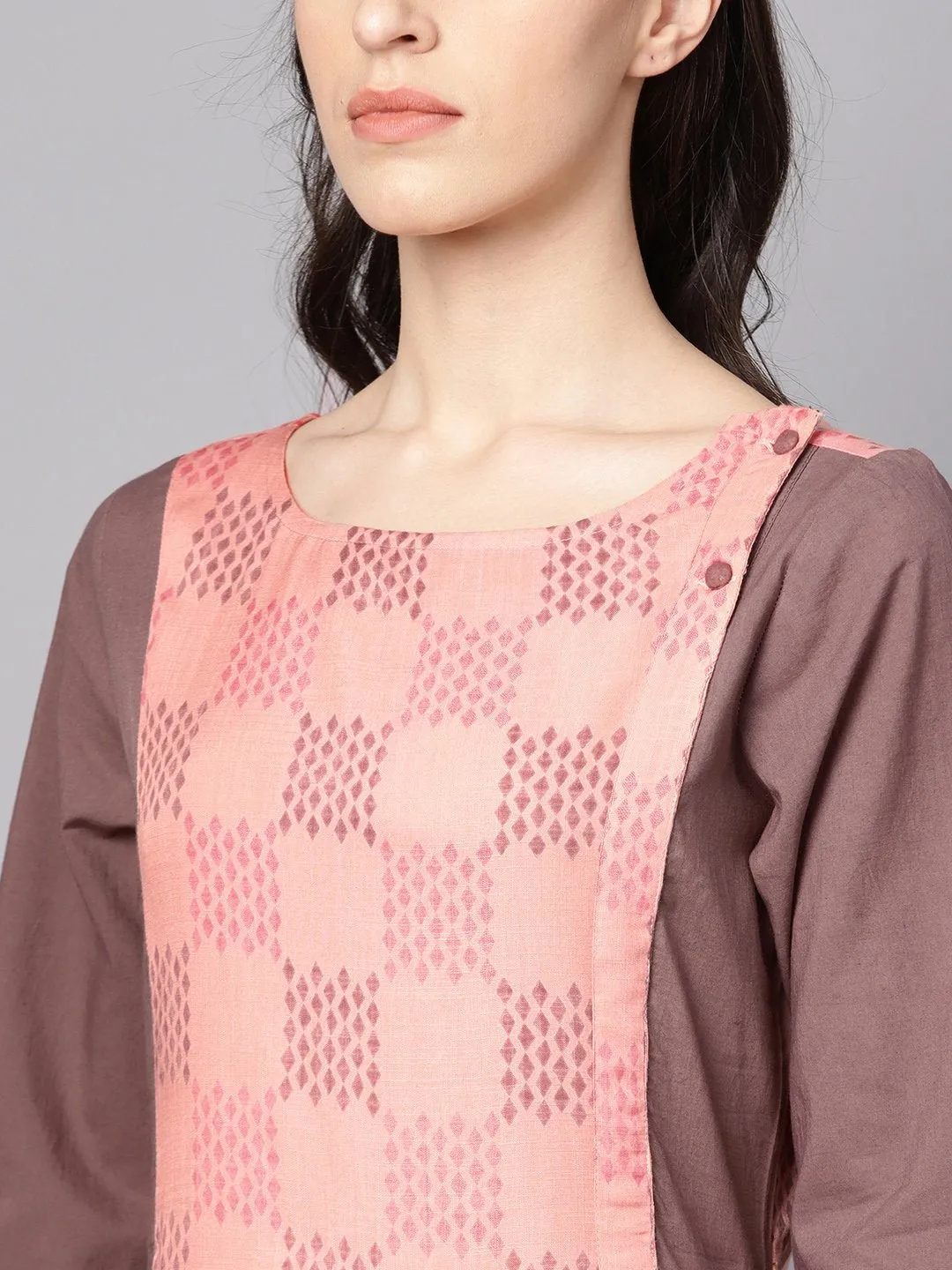 Pink & Brown A-Line Kurta Set With Pants