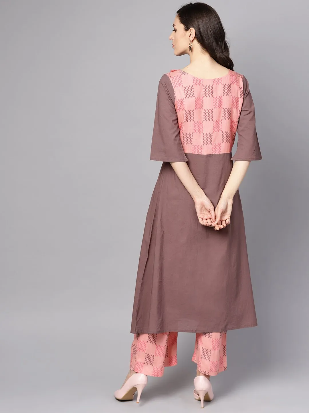 Pink & Brown A-Line Kurta Set With Pants