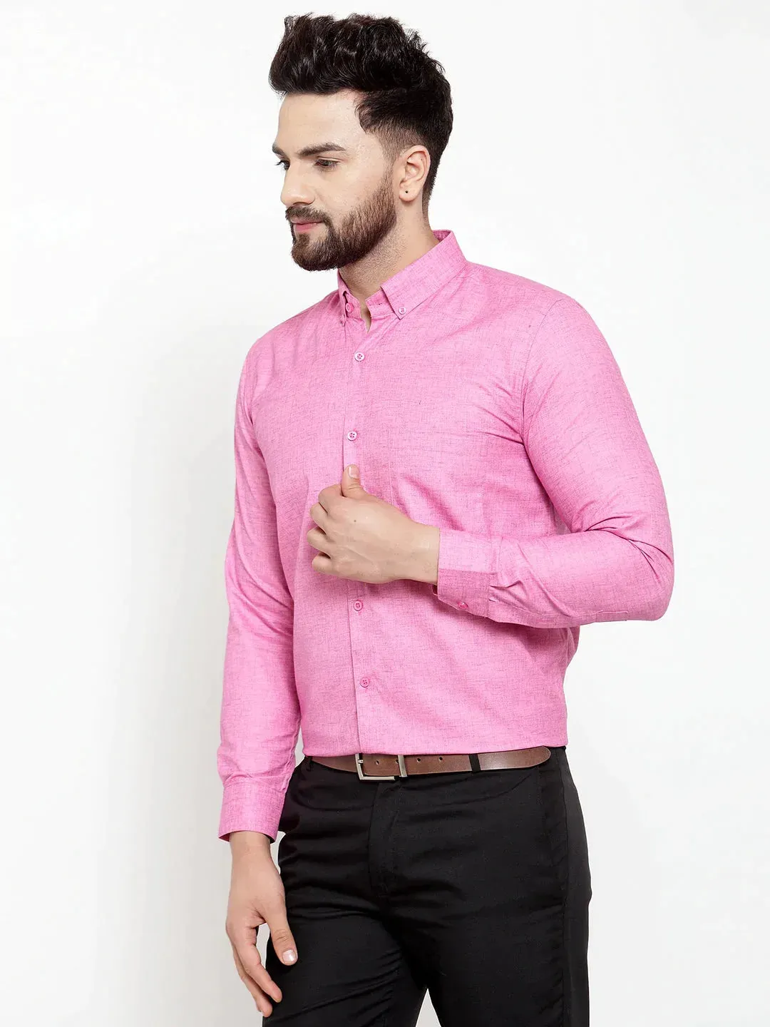 Pink Men'S Cotton Solid Button Down Formal Shirts