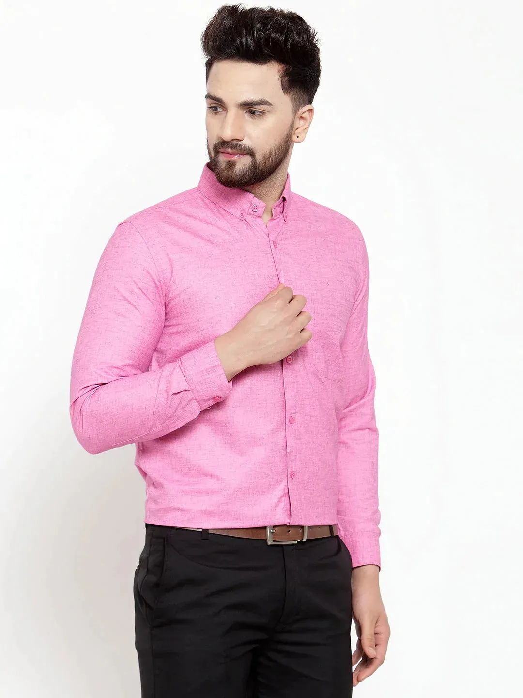 Pink Men'S Cotton Solid Button Down Formal Shirts