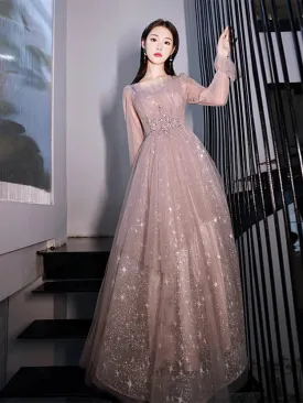 Pink Prom Gowns Long Sleeves For Graudation Party Shiny Star Glitter A-Line Floor-Length Tulle Women Formal Evening Dresses