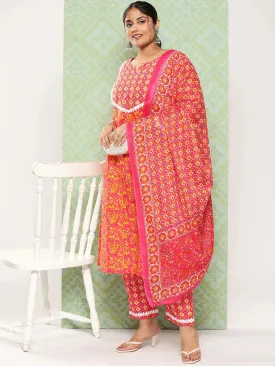 Plus Size Pink Floral Printed Pure Cotton Kurta With Trousers & With Dupatta