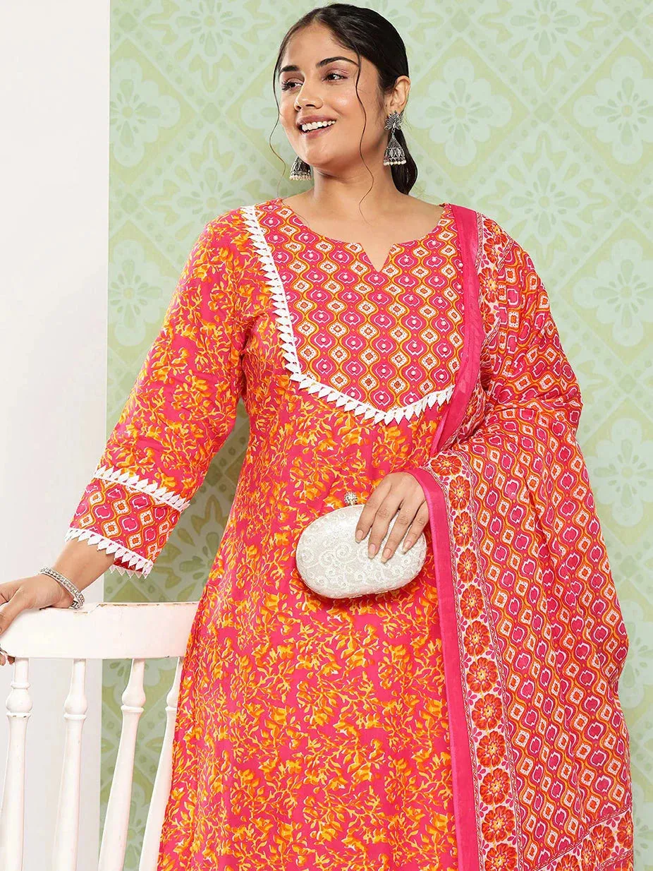 Plus Size Pink Floral Printed Pure Cotton Kurta With Trousers & With Dupatta