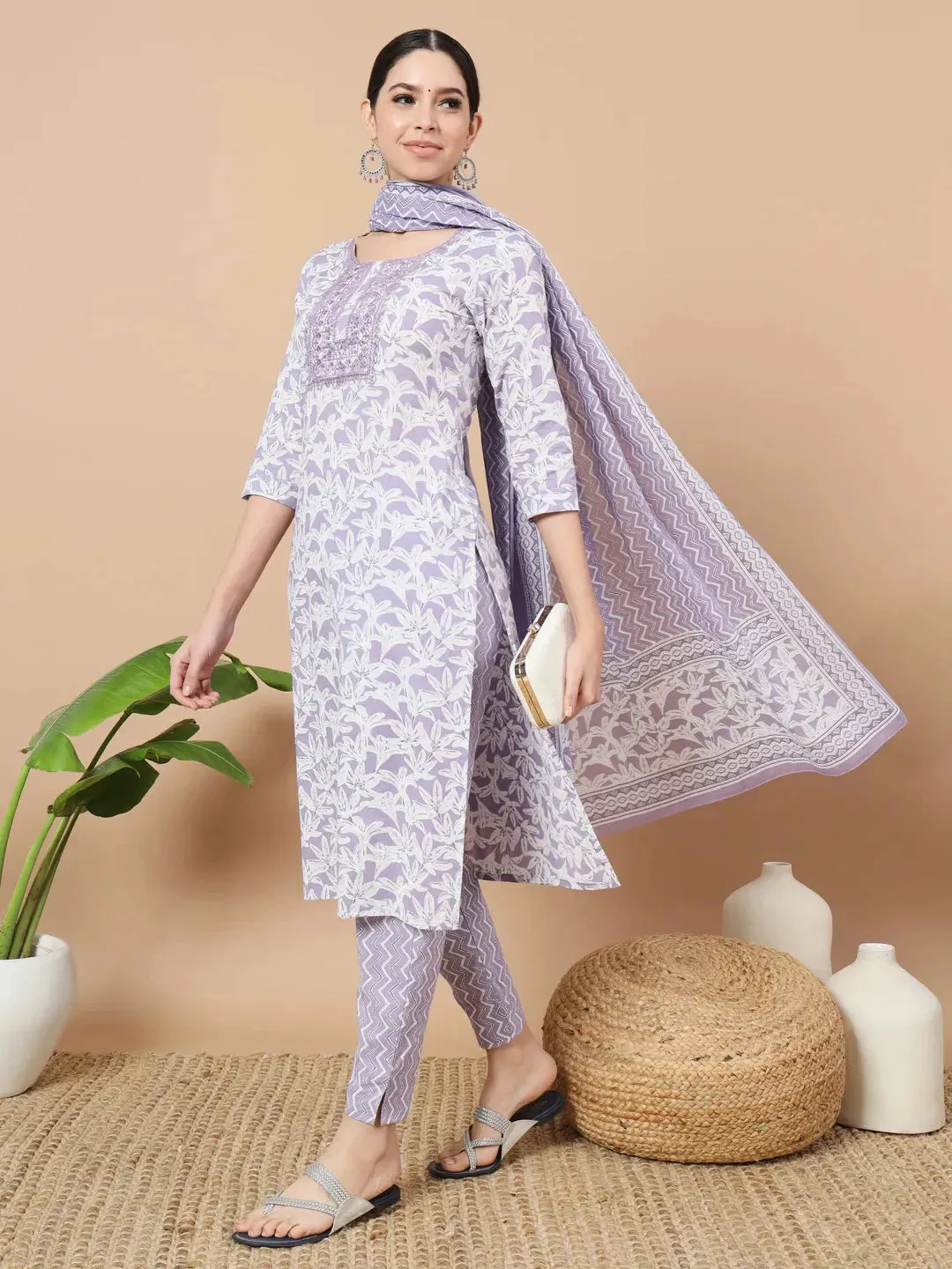 Purple Floral Print Sequins_Work Straight Kurta Trouser And Dupatta Set