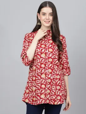 Red Abstract Printed Rayon A-Line Shirts Style Top