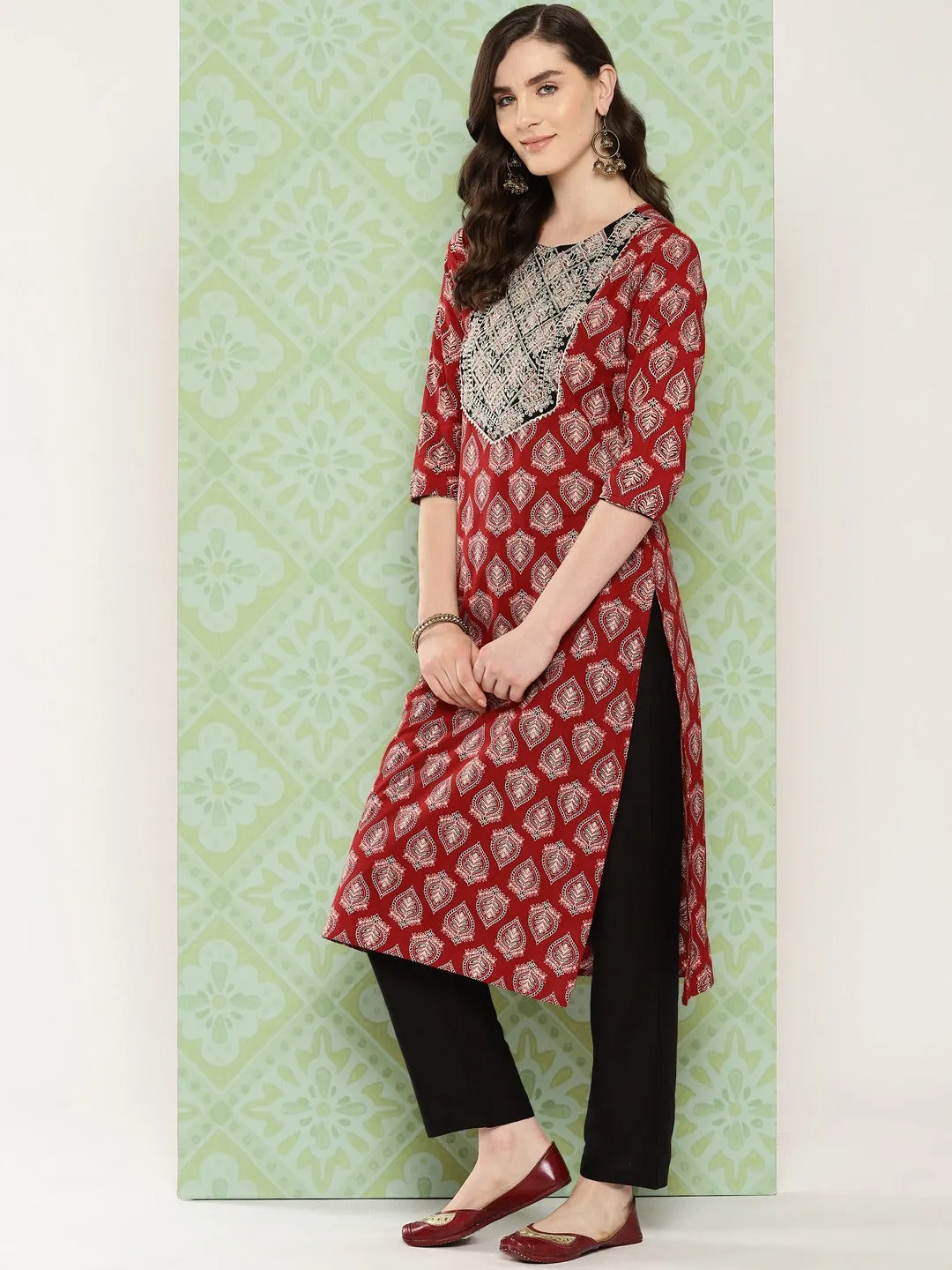 Red Ethnic Motifs Printed Regular Pure Cotton Kurta With Trousers & With Dupatta Set