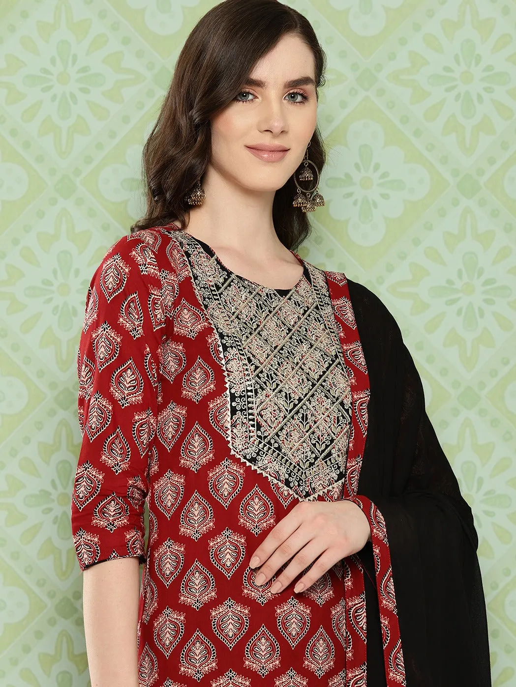 Red Ethnic Motifs Printed Regular Pure Cotton Kurta With Trousers & With Dupatta Set