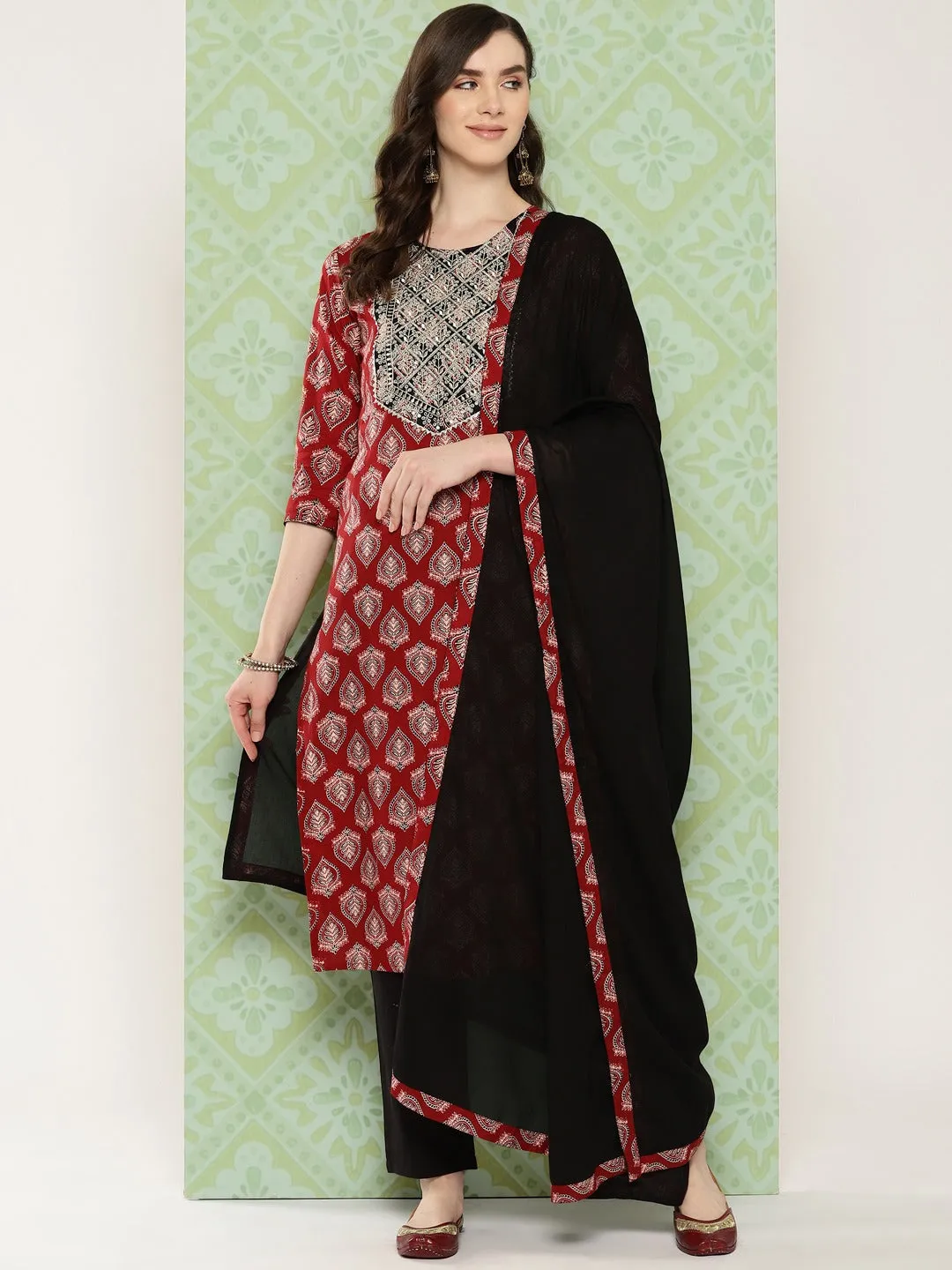 Red Ethnic Motifs Printed Regular Pure Cotton Kurta With Trousers & With Dupatta Set