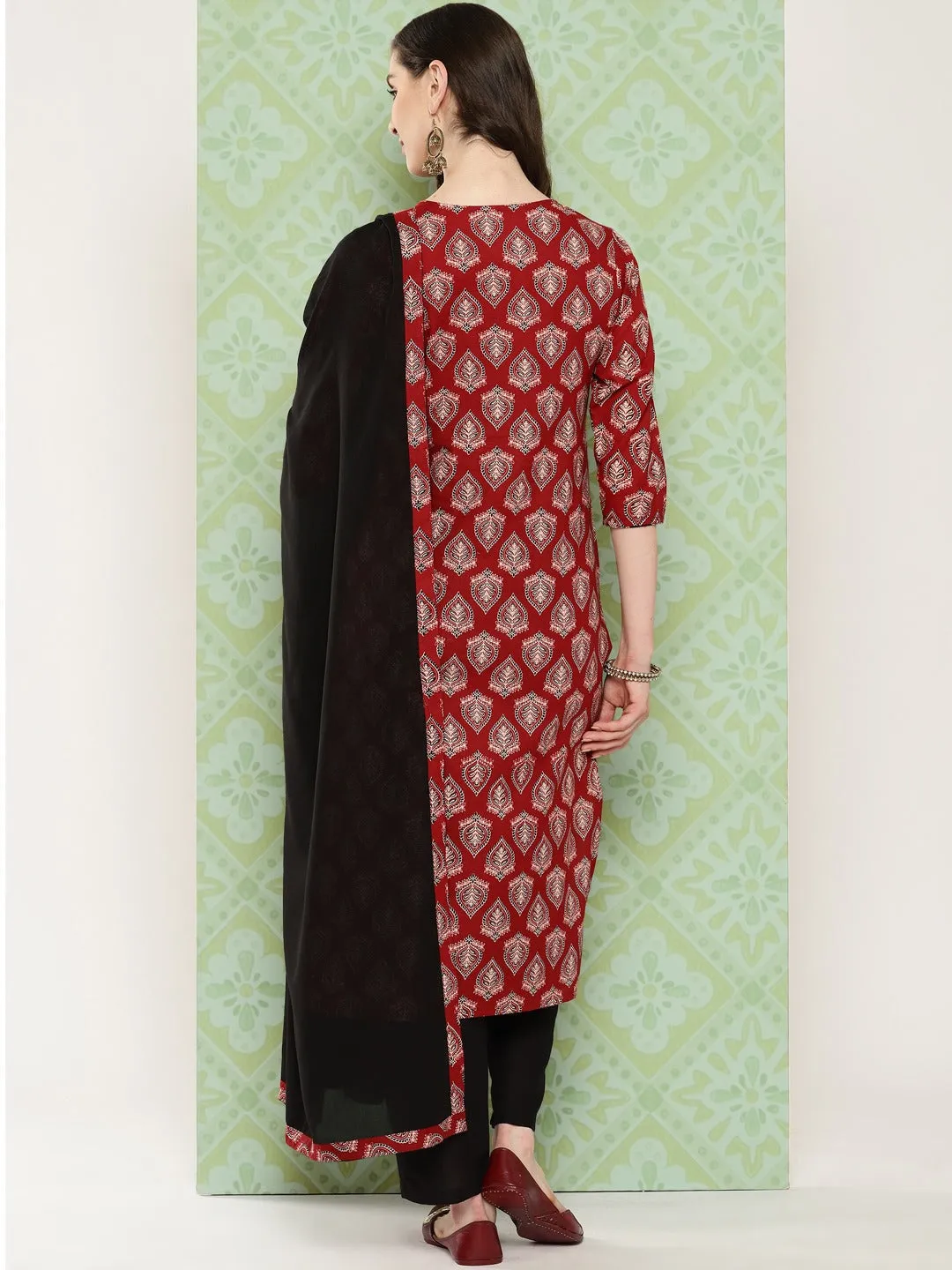 Red Ethnic Motifs Printed Regular Pure Cotton Kurta With Trousers & With Dupatta Set