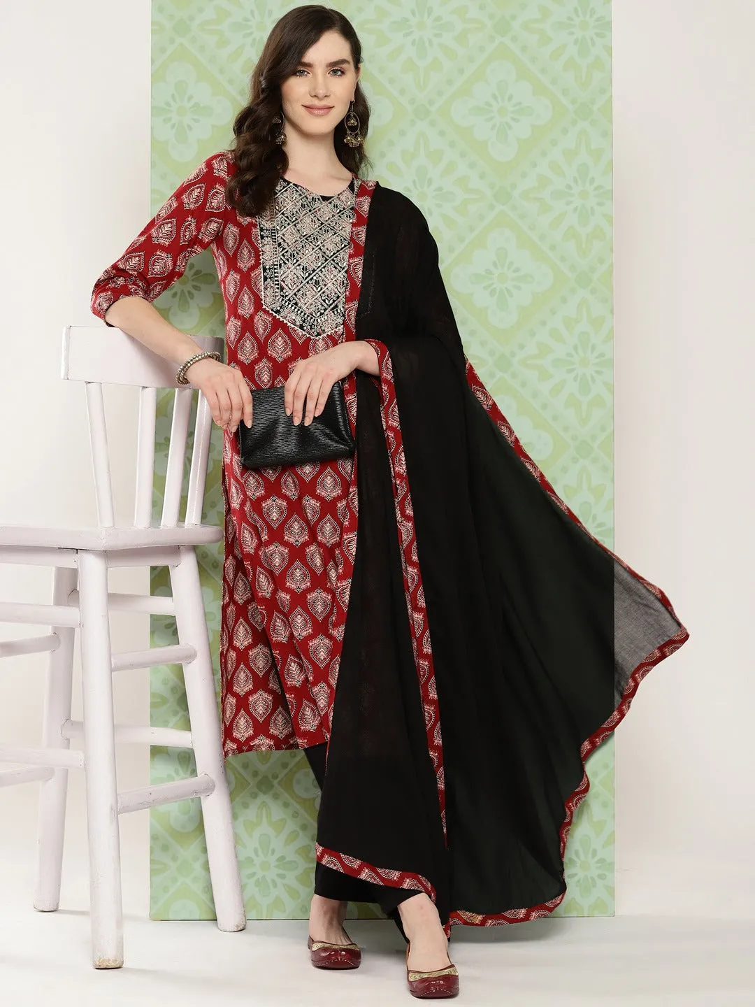 Red Ethnic Motifs Printed Regular Pure Cotton Kurta With Trousers & With Dupatta Set