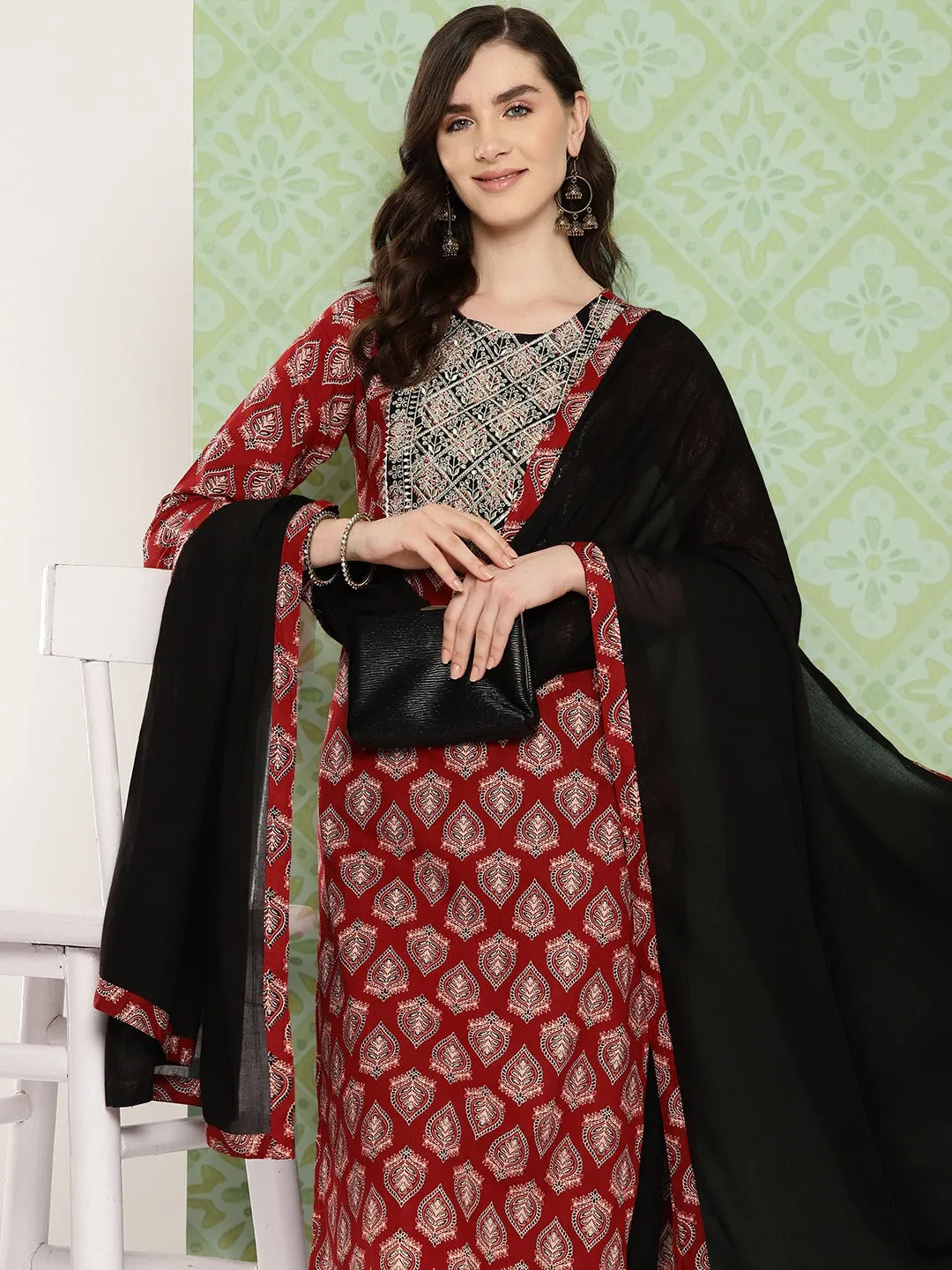 Red Ethnic Motifs Printed Regular Pure Cotton Kurta With Trousers & With Dupatta Set