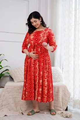 Red Printed Maternity Dress For Women