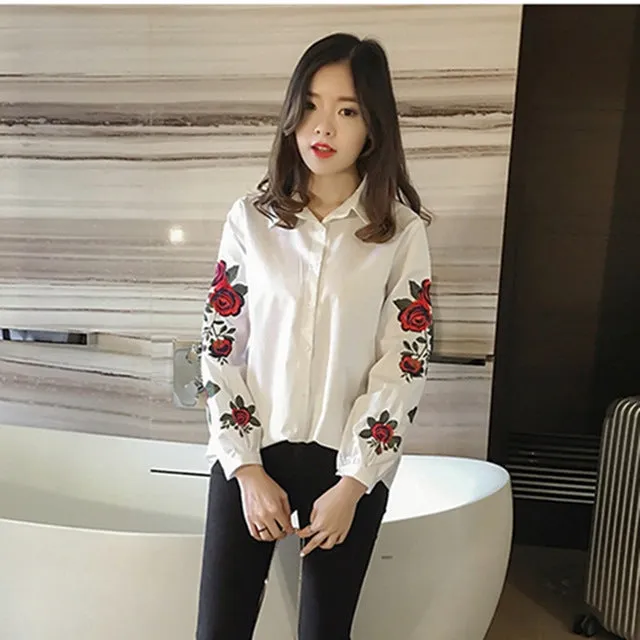 Rugod 2017 Spring Shirts Women Turn-Down Long Sleeve Flower Embroidery Single-Breasted Blouses Lady Fashion Loose Tops Blusas