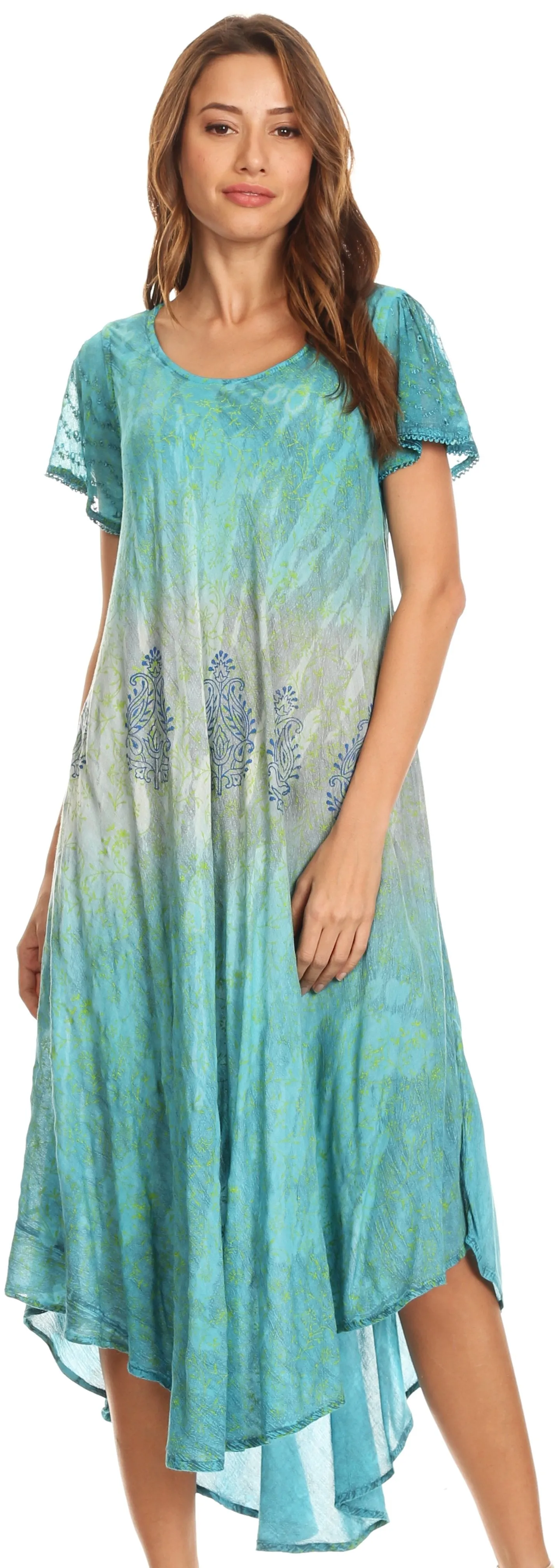 Sakkas Samira Color Block Printed Sheer Cap Sleeve Relaxed Fit Dress | Cover Up