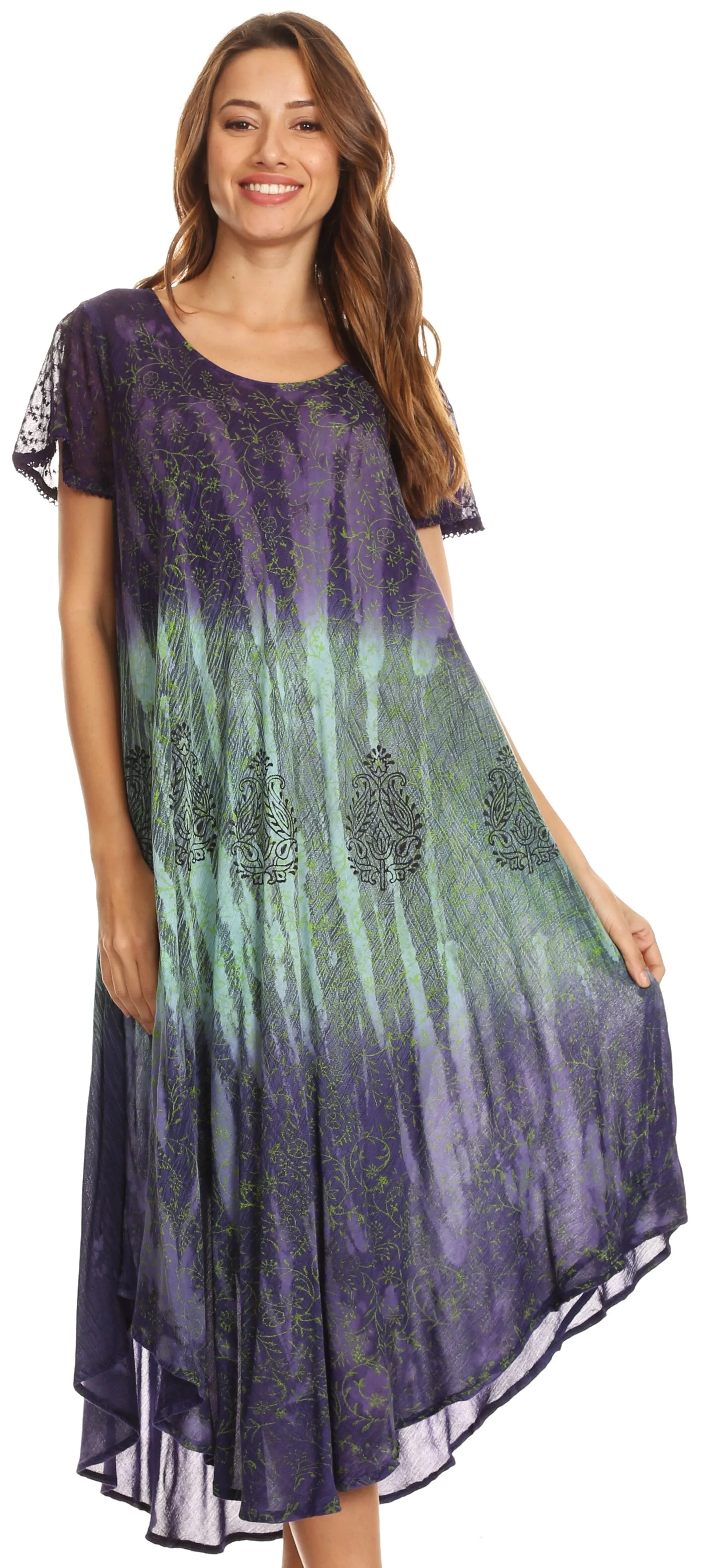 Sakkas Samira Color Block Printed Sheer Cap Sleeve Relaxed Fit Dress | Cover Up