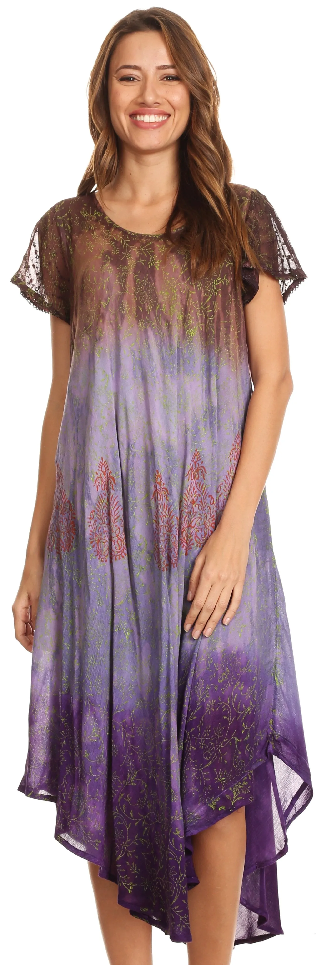 Sakkas Samira Color Block Printed Sheer Cap Sleeve Relaxed Fit Dress | Cover Up