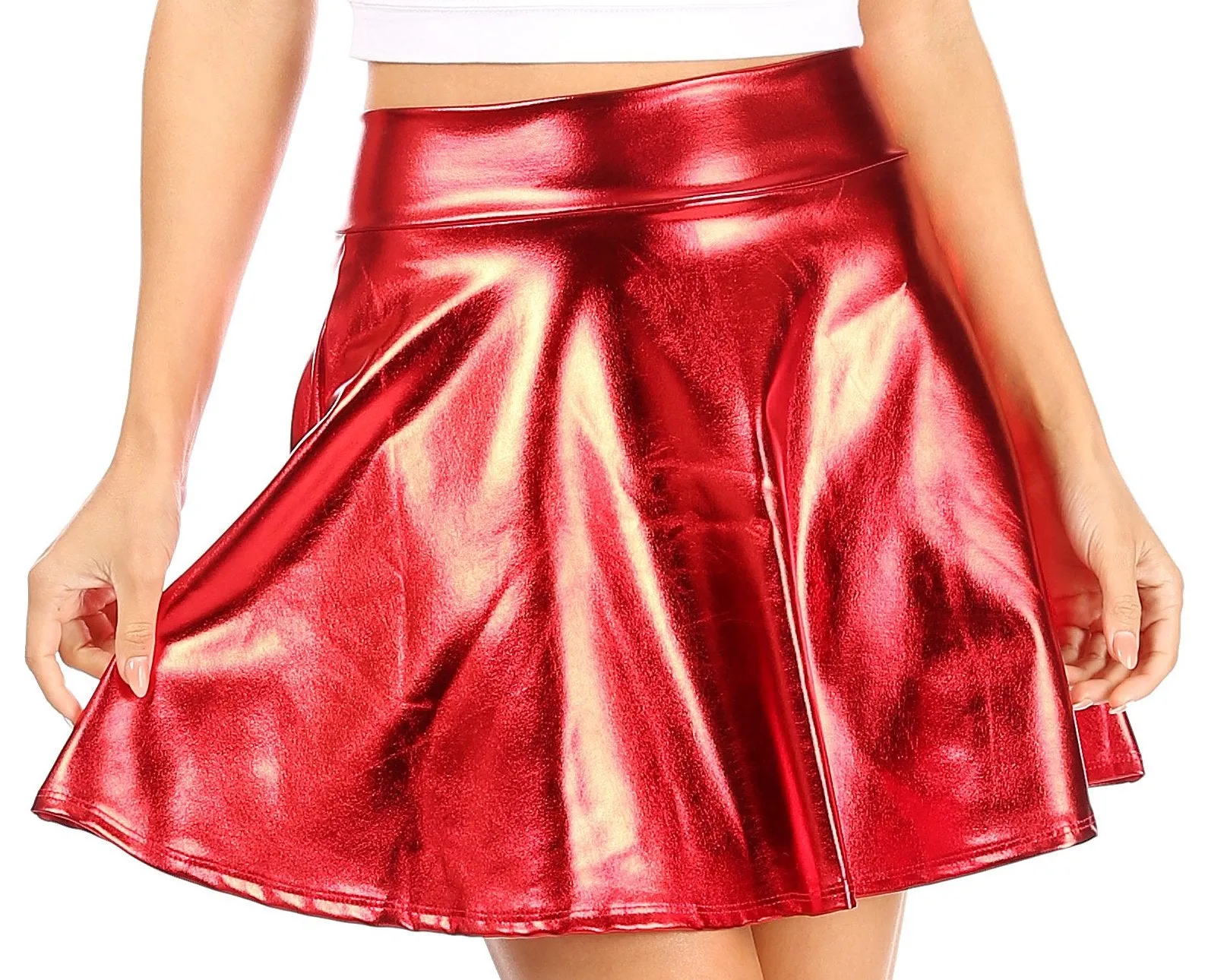 Sakkas Womens Liquid Metallic Stretchy Flared Sporty Mini Skater Skirt  USA Made