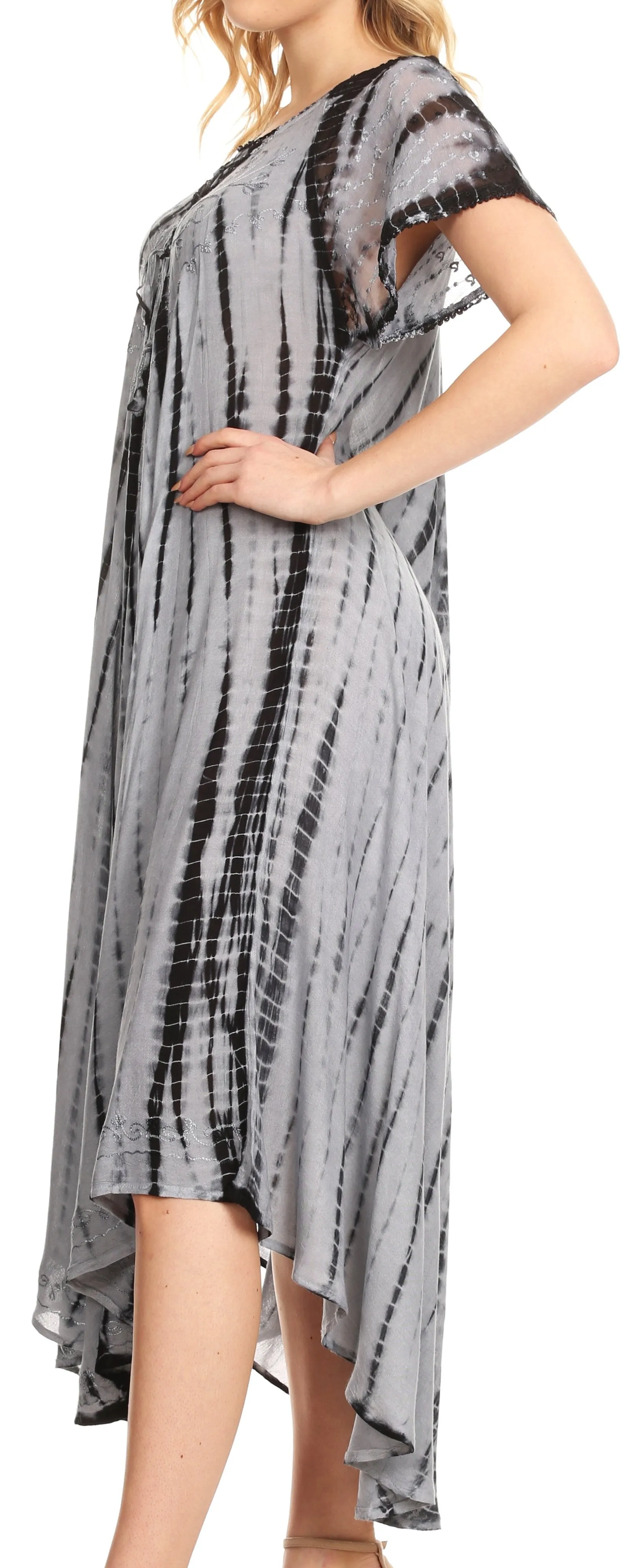 Sakkas Yasmin Tie Dye Embroidered Sheer Cap Sleeve Sundress | Cover Up