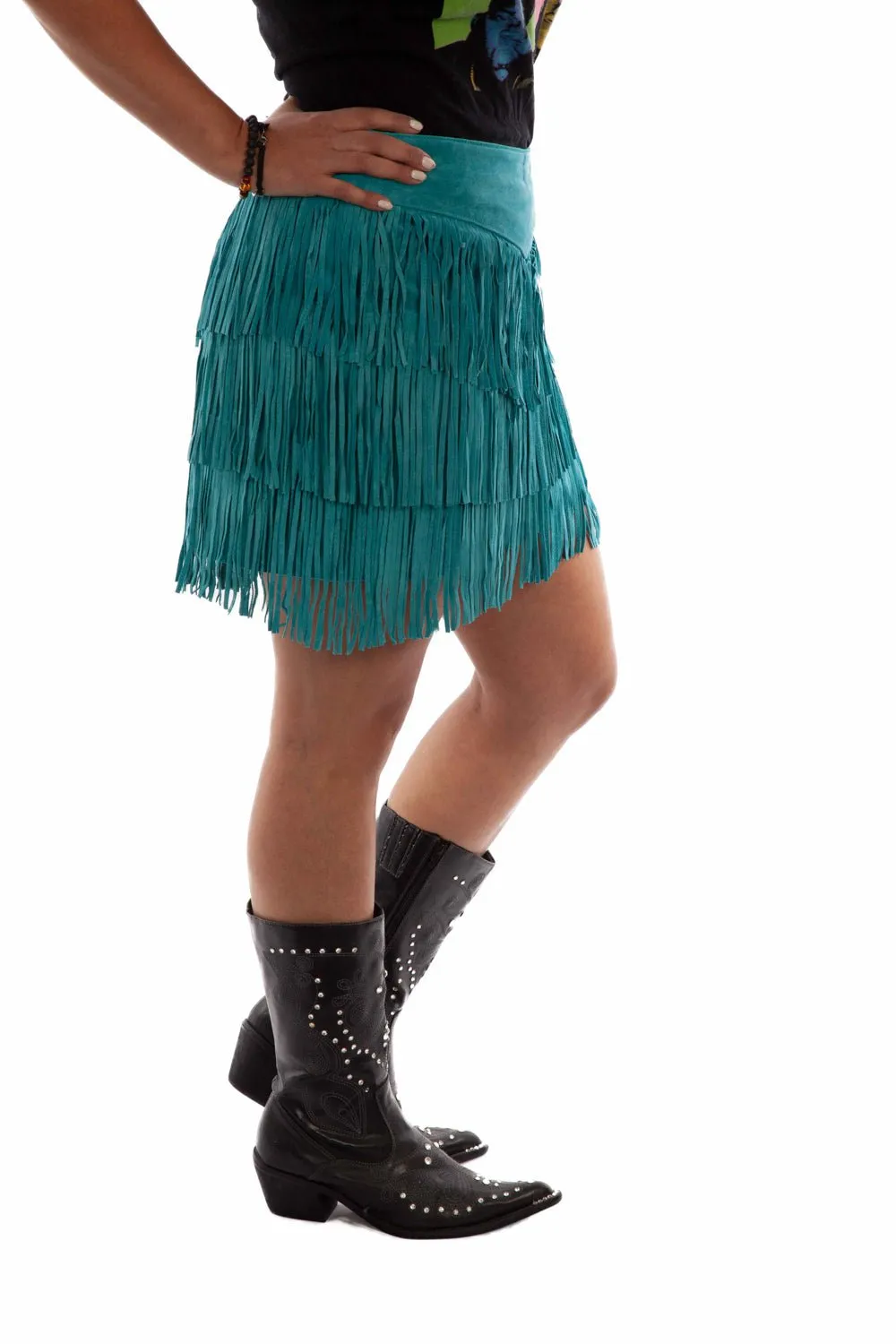 Scully Womens Turquoise Leather Tiered Fringe Skirt XL