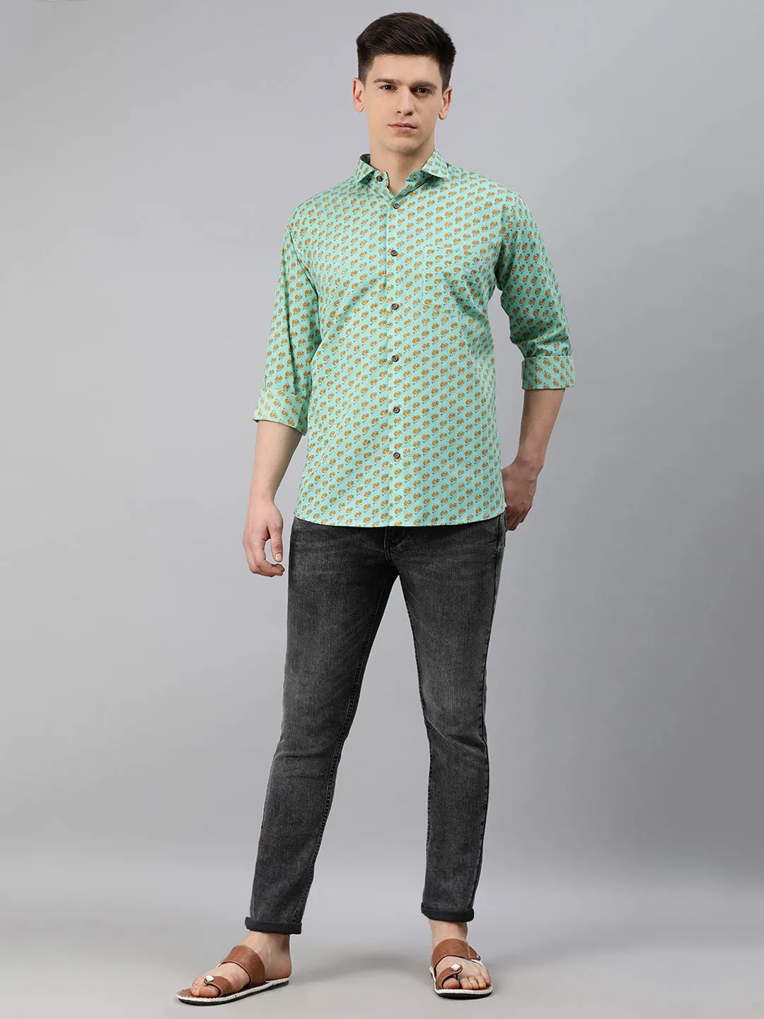 Sea Green Cotton Full Sleeves Shirts For Men-Mmf0237