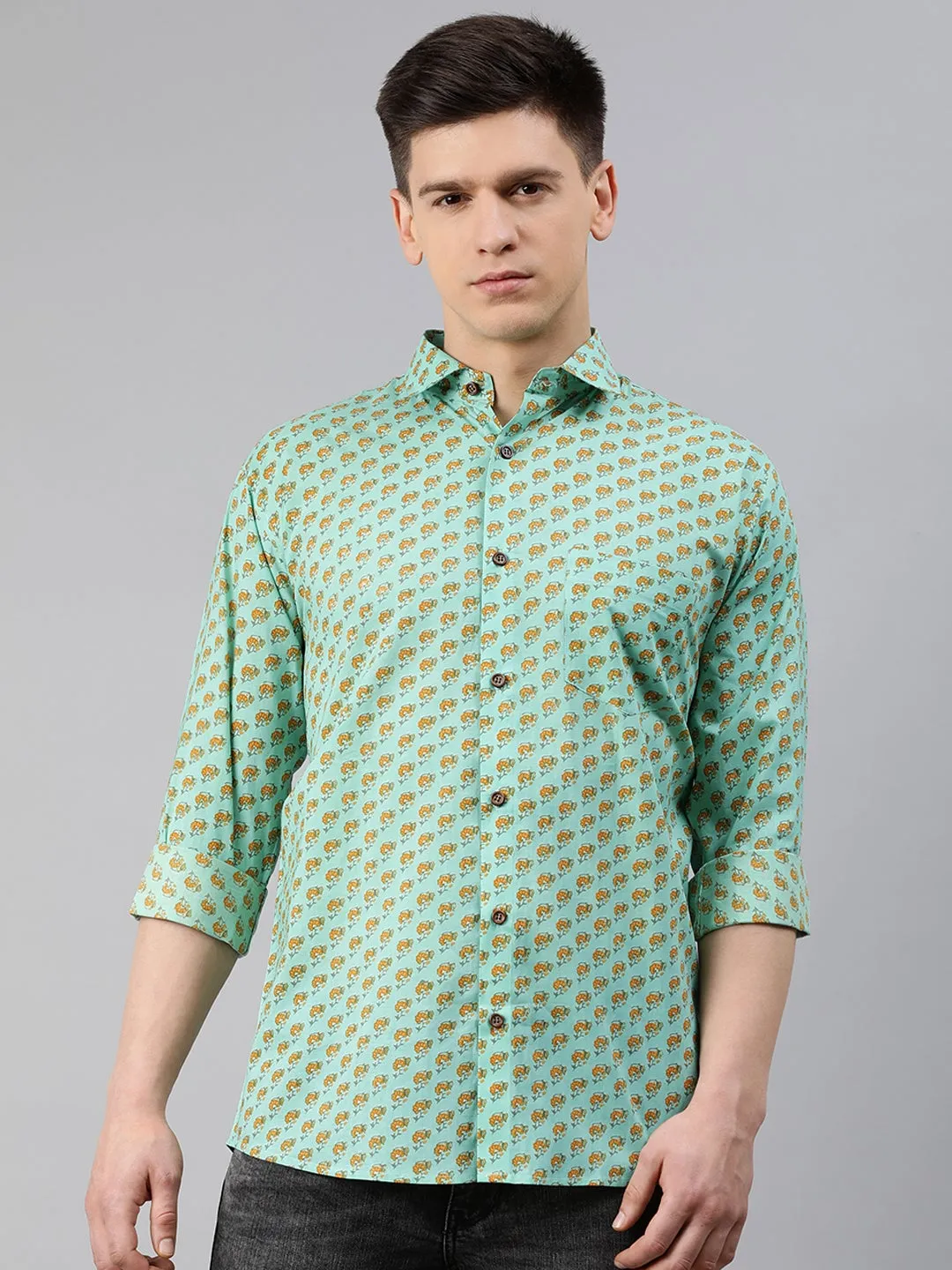 Sea Green Cotton Full Sleeves Shirts For Men-Mmf0237