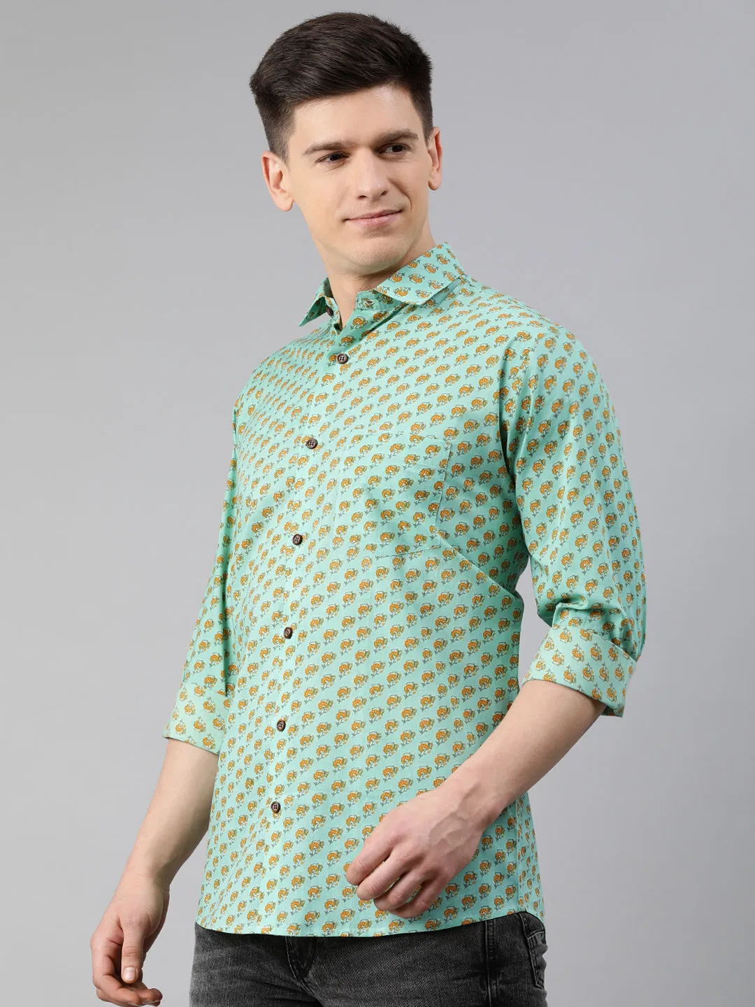 Sea Green Cotton Full Sleeves Shirts For Men-Mmf0237