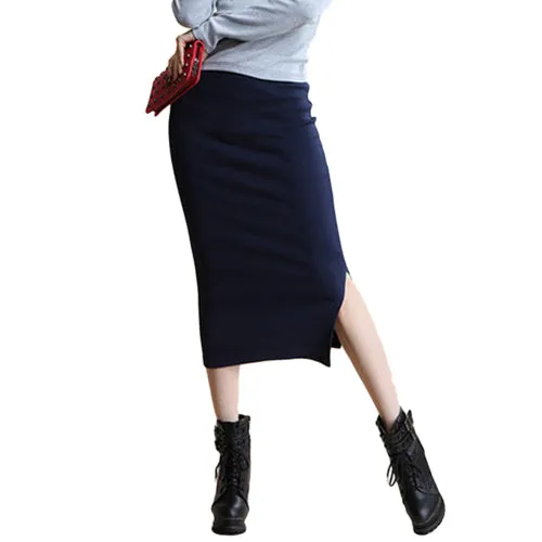 SIMPVALE Stretch Slim Step Skirt Women Sexy Pencil Office Package Hip Skirts Mid Waist Mid-Calf Solid Skirt Casual Lady Skirts