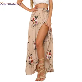 skirts womens  New 2017 Irregular Long Skirt Women Vintage White Floral Print Side Slit Wrap Maxi Skirt Boho Summer Beach Skirts