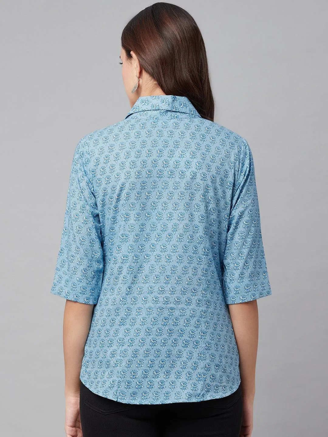 Sky Blue Block Printed Casual Women Shirts