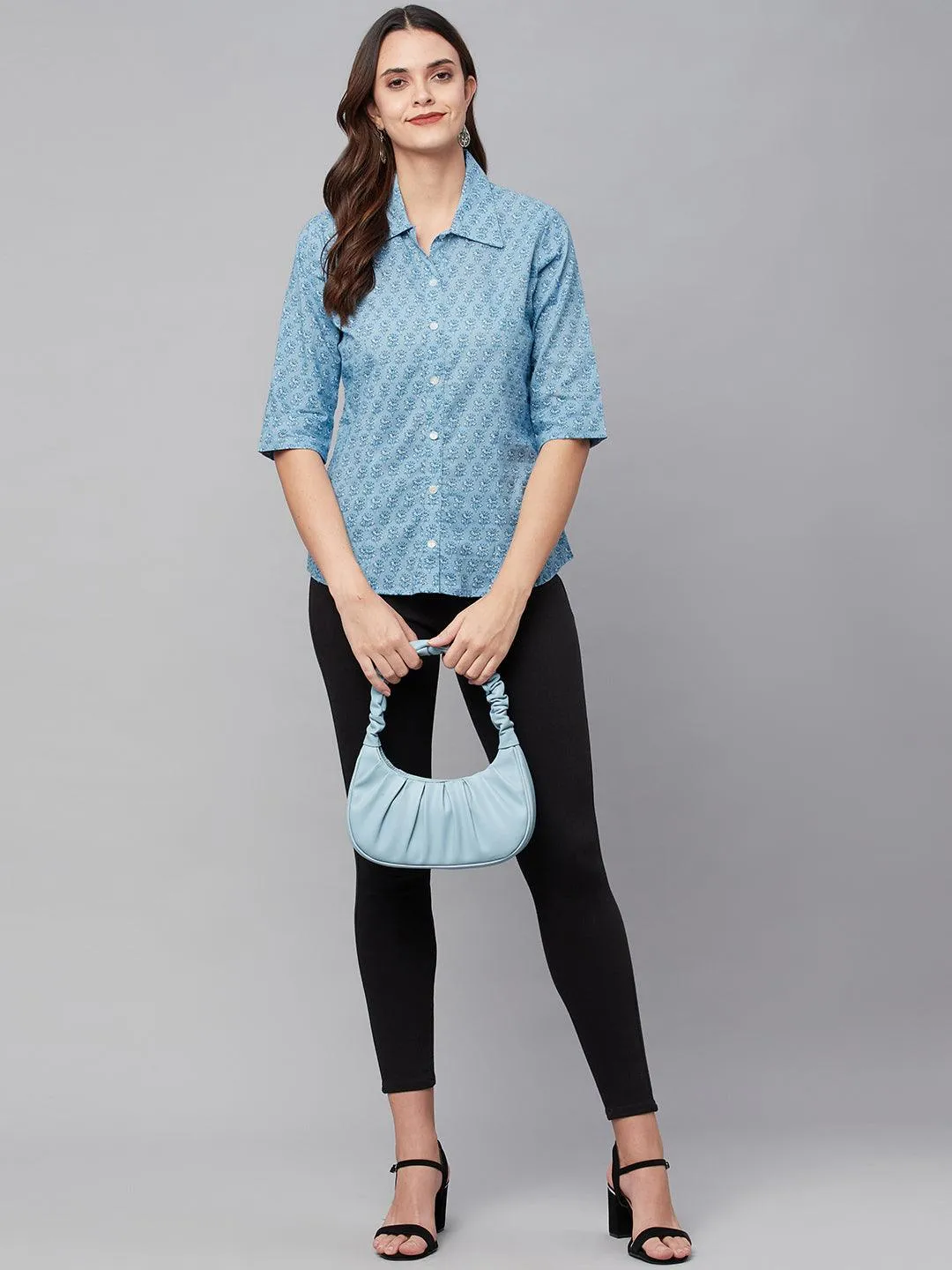 Sky Blue Block Printed Casual Women Shirts