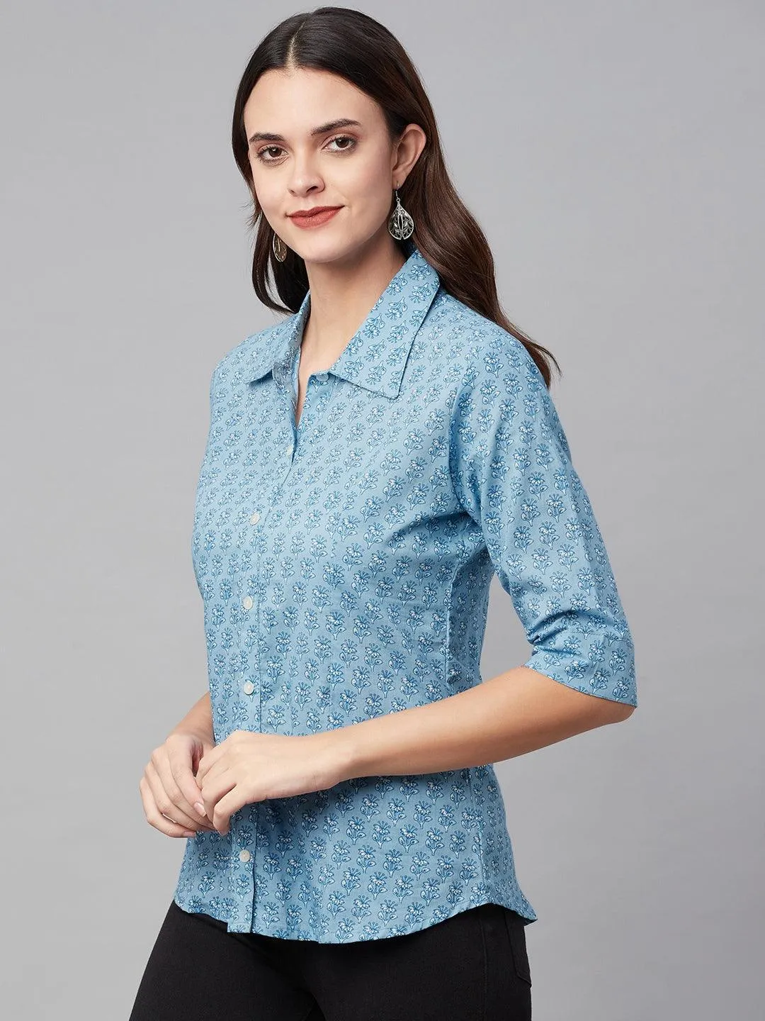 Sky Blue Block Printed Casual Women Shirts