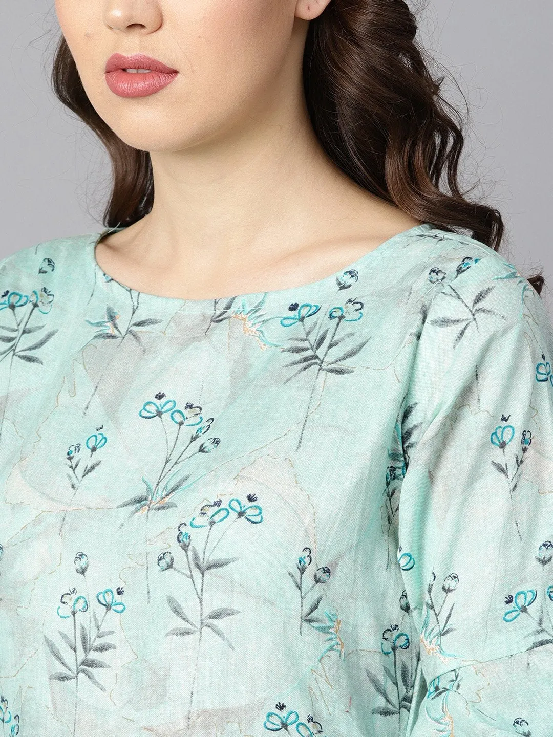 Sky Blue Floral Printed Dress With Flared Sleeves