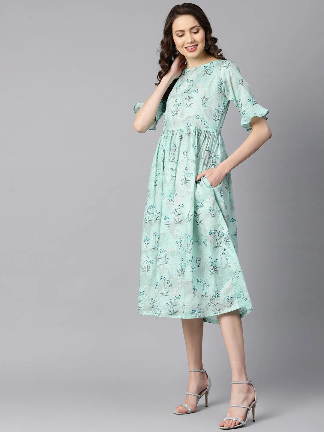 Sky Blue Floral Printed Dress With Flared Sleeves